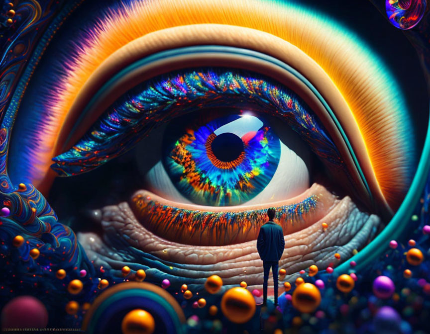 Colorful Surreal Illustration Featuring Tiny Figure and Detailed Eye