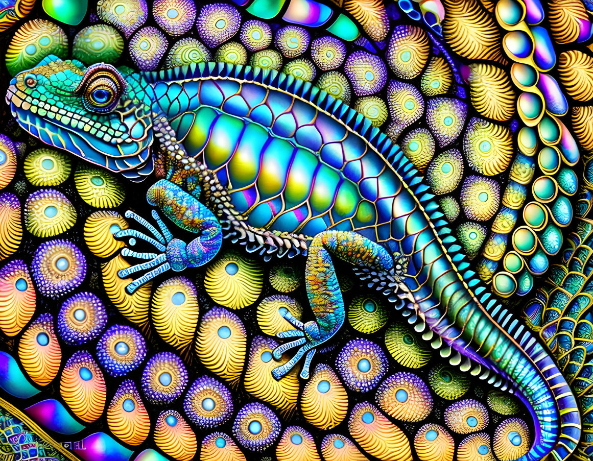 Colorful digital chameleon artwork on vibrant patterned background