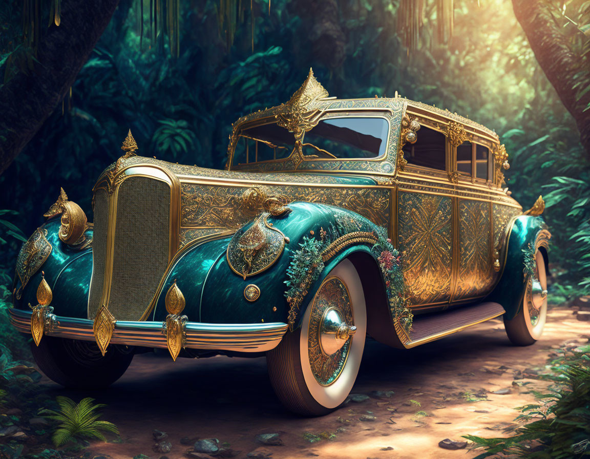 Vintage Car with Golden Embellishments in Mystical Forest