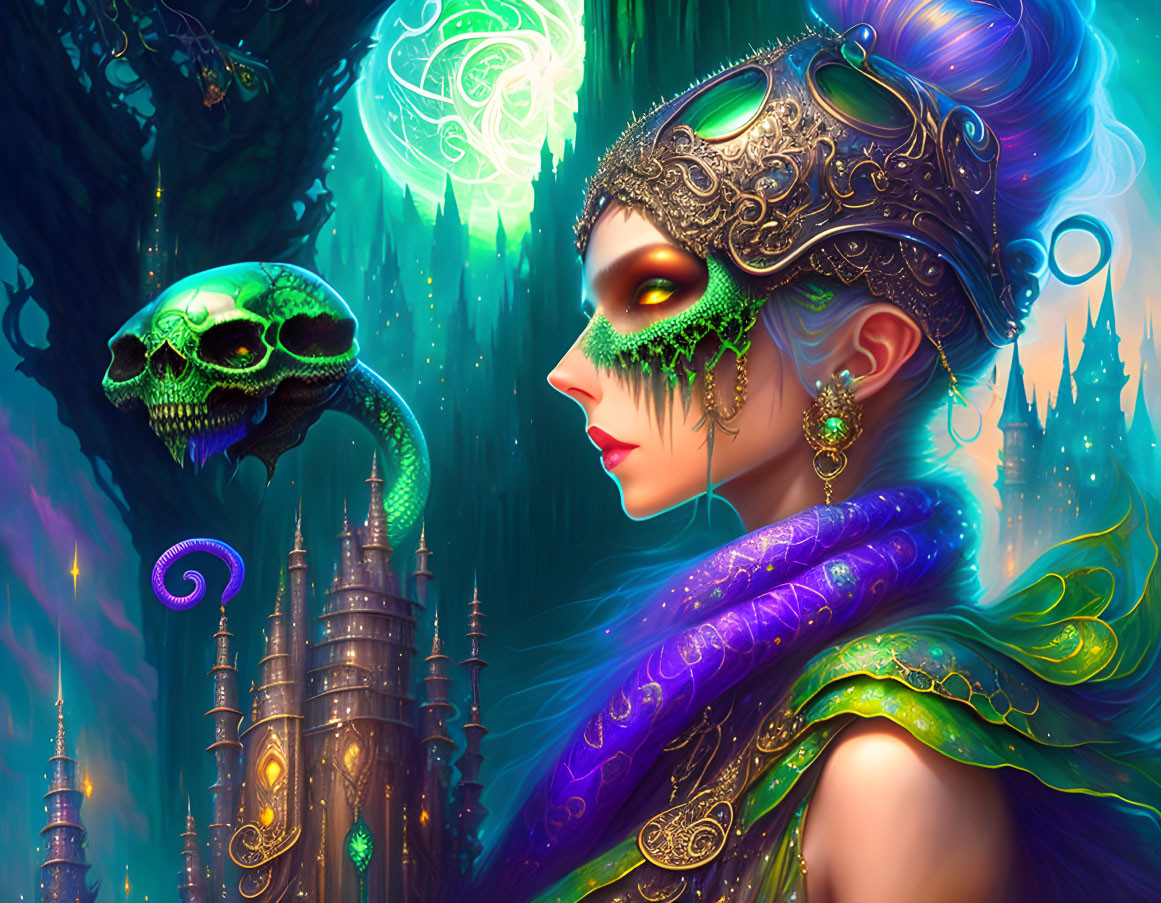 Fantastical image: Woman with vibrant makeup, ornate mask, mystical green skull, whimsical