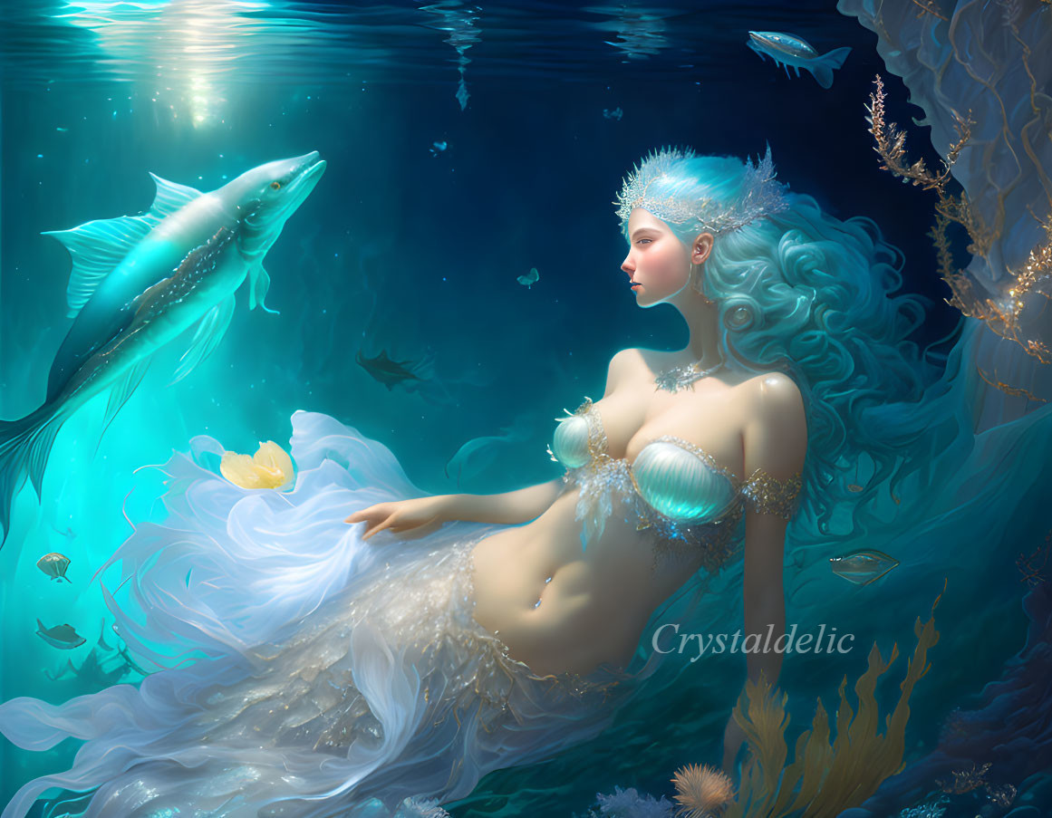 Ethereal underwater scene with serene mermaid, fish, and blue hair