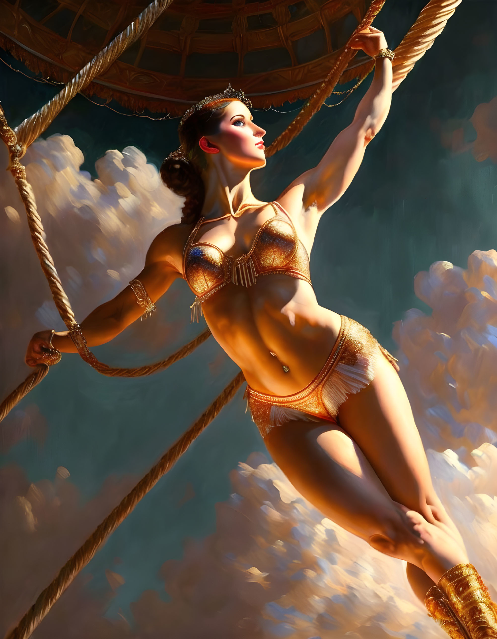 Woman in bejeweled bikini swings under dramatic sky