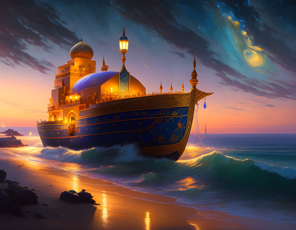 Ornate ship sailing at sunset with crashing waves and luminous comet