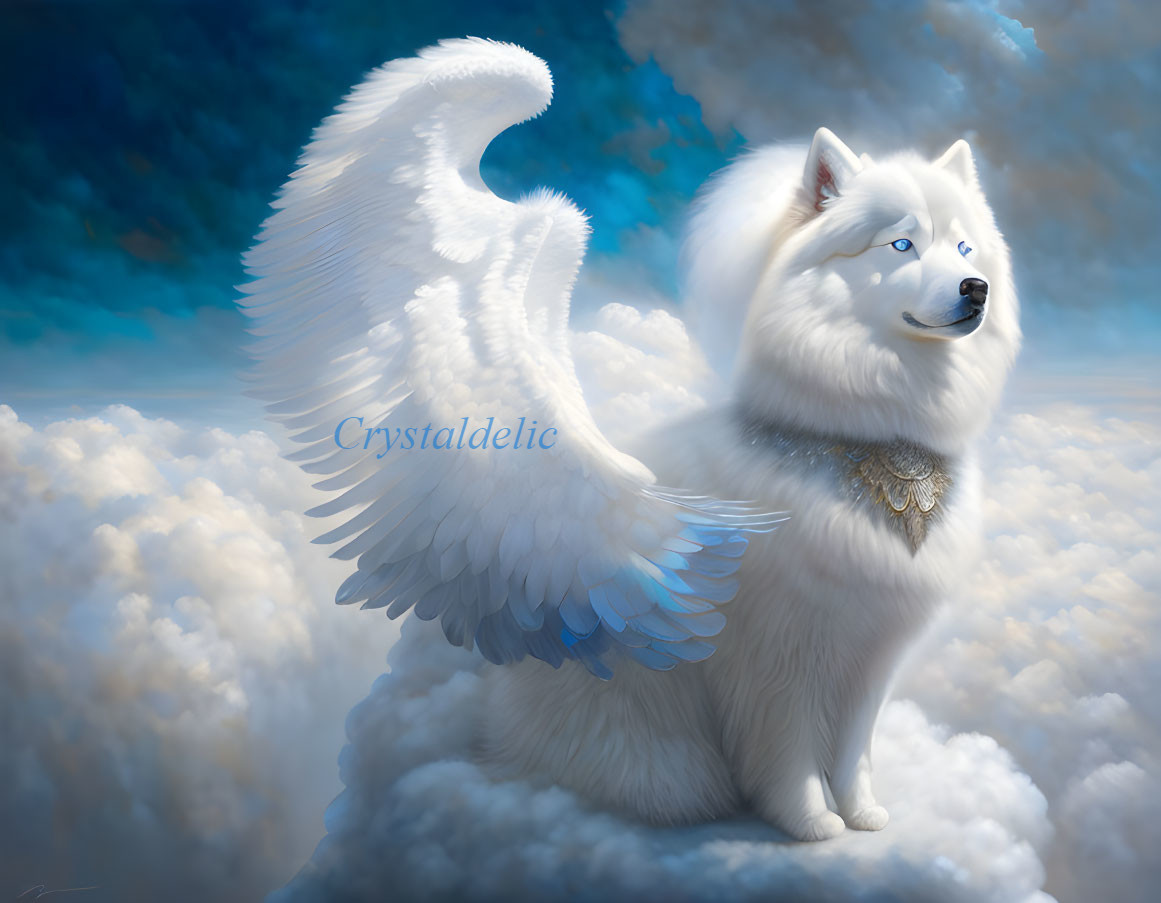 Majestic white winged dog on clouds with amulet against blue sky