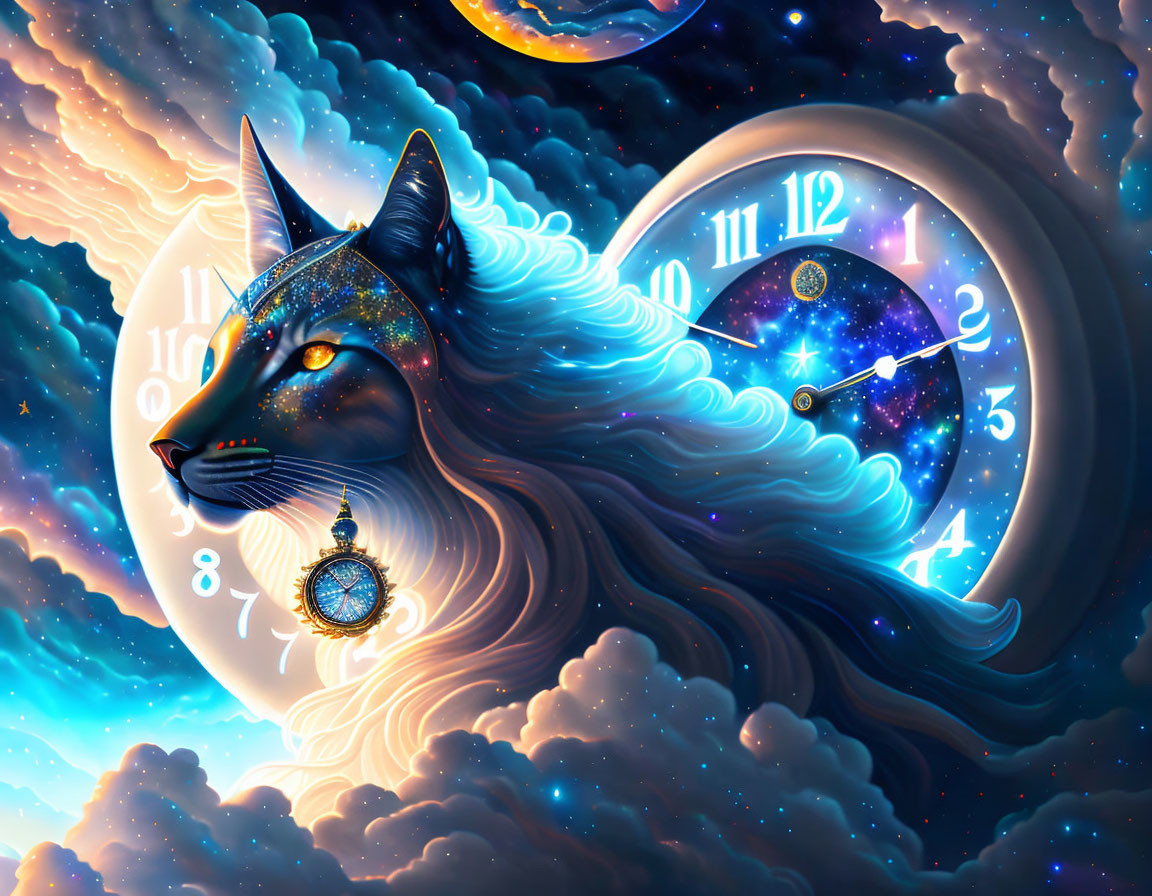 Mystical wolf surrounded by cosmic elements