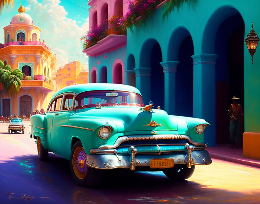 Colorful buildings and turquoise car in vibrant street scene