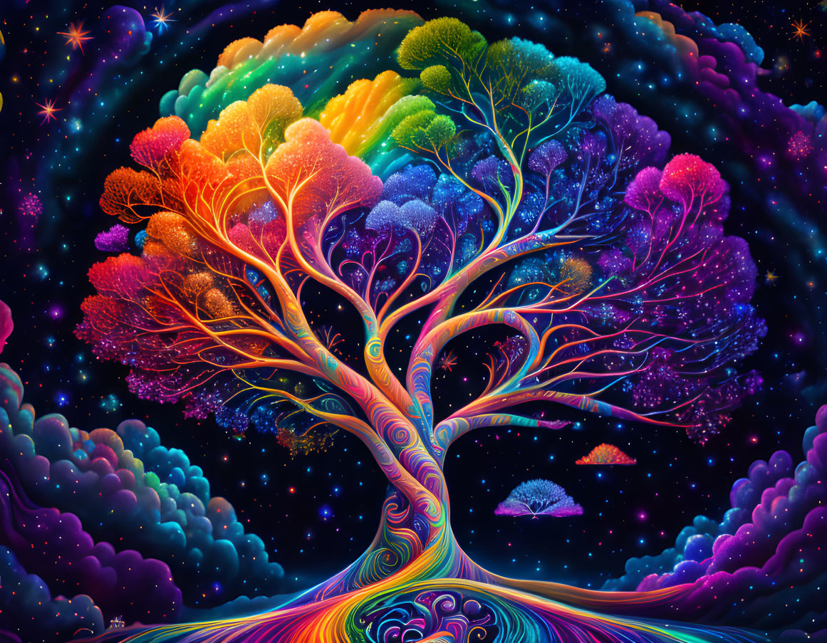 Fantasy illustration: Rainbow tree under starry sky