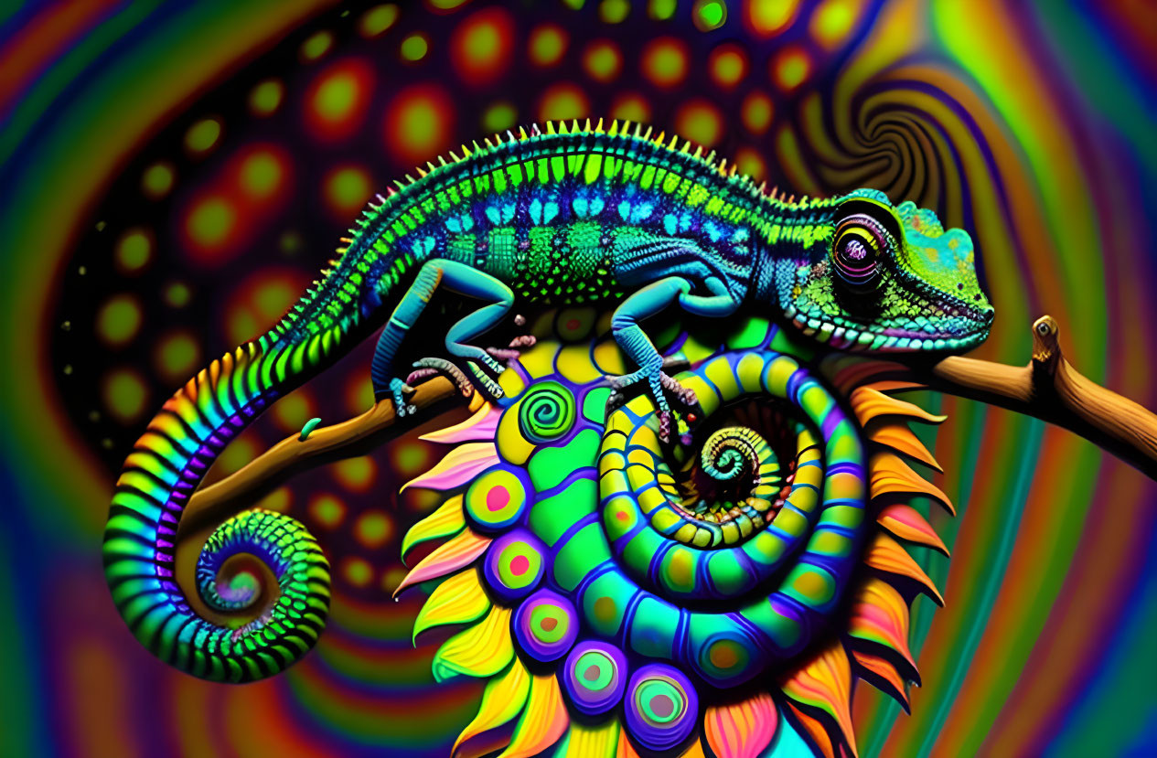 Colorful Chameleon on Branch with Psychedelic Background