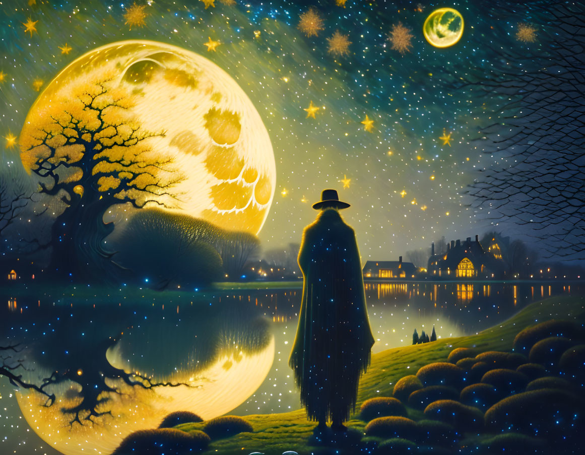 Cloaked figure under starry sky with moon, village, and lake