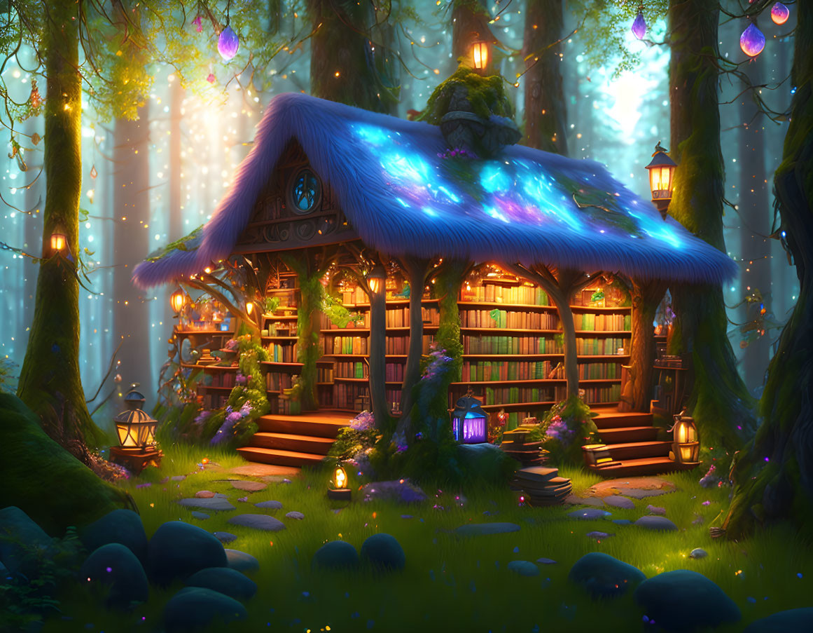 Enchanting Forest Library with Glowing Lanterns and Book-Filled Interior