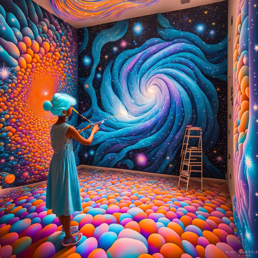 Person painting cosmic swirl in room with vibrant spheres and celestial ceiling