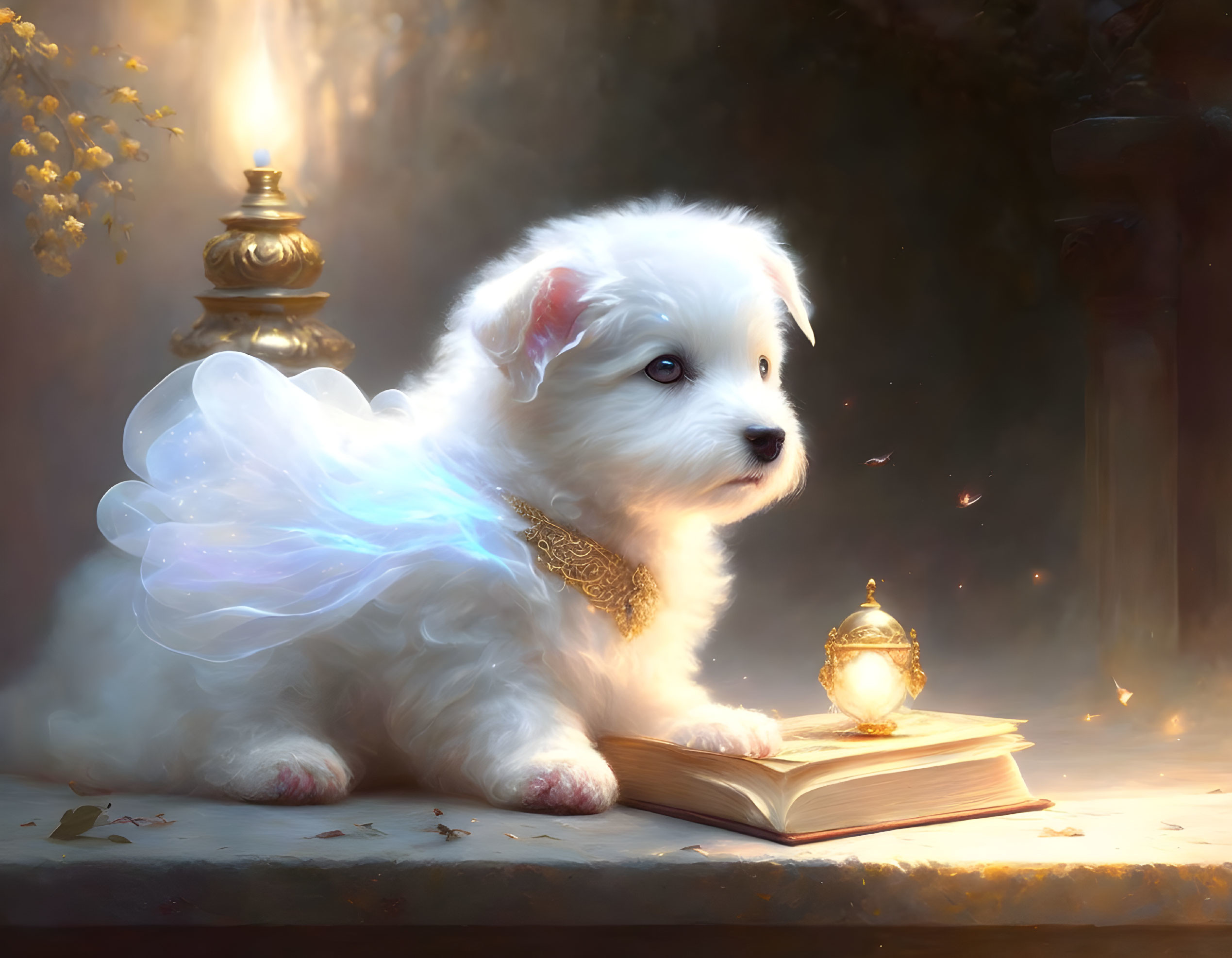 White puppy with translucent wings and golden adornments beside an open book and lit candle