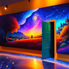 Colorful cosmic landscape painting behind open teal door