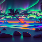 Neon-colored digital artwork of tropical landscape