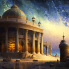 Palace with domes and towers under starry night sky