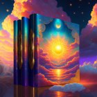 Colorful illustration of decorative books with portal to fantastical sunset sky