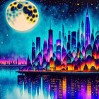 Futuristic cityscape at night with tall buildings and moon reflection