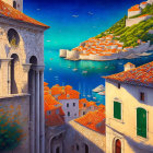 Vibrant coastal scene: orange rooftops, aquamarine sea, boats, clear sky,