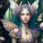 Fantasy illustration of female figure with butterfly wings in enchanted forest