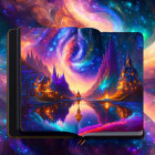 Illustrated open book: mystical landscape, galaxies, reflective lake, colorful foliage, castles.