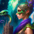 Fantastical image: Woman with vibrant makeup, ornate mask, mystical green skull, whimsical