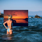 Artist painting vibrant sunset on pier with ocean background