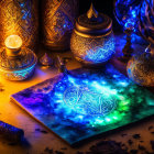 Ornate lamps, candles, and mystical book with celestial pattern