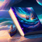 Open book displays magical seascape with sailing ship on glowing pages, smaller boat, and cosmic sky with