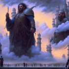 Fantasy landscape featuring towering castles, warriors, and marching figures