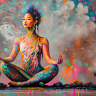 Vibrant digital artwork: Woman meditating with flowing patterns
