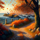 Tranquil autumn landscape with cobblestone path, orange foliage, sea, and distant houses