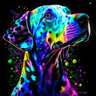 Colorful Dalmatian Artwork with Neon Splashes on Black Background