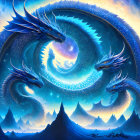 Fantasy illustration of blue dragons circling a moon over mountains