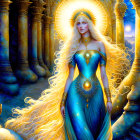 Ethereal Woman in Blue and Gold Gown in Celestial Hall