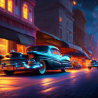 Nighttime Street Scene: Vintage Cars, Neon Shops, Starry Sky