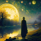 Cloaked figure under starry sky with moon, village, and lake