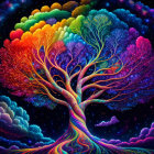 Fantasy illustration: Rainbow tree under starry sky