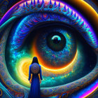 Person in Blue Robe Standing before Cosmic Eye and Psychedelic Patterns