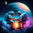 Astronauts playing chess on alien planet with moon and stars.