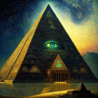 Mystical pyramids with all-seeing eyes under starry night sky
