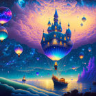 Floating castle on hot air balloon above serene sea with boats and balloons under starry sky