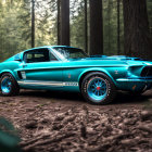 Blue Mustang with White Racing Stripes in Serene Forest Setting