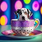 Dalmatian puppy in patterned teacup with bokeh lights
