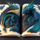 Detailed 3D blue dragon in open pop-up book