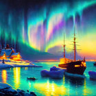 Northern lights shine over snowy bay with ship, rowboat, and cabin