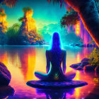 Person meditates in vibrant, neon-lit forest by river at dusk