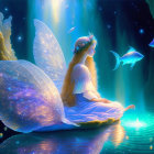 Fairy by water in mystical cave with glowing fish