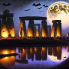 Stonehenge Night Scene with Moon, Bats, Halloween Decor, and Reflection