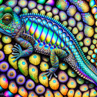 Colorful digital chameleon artwork on vibrant patterned background