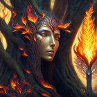 Humanoid tree with fiery leaves and glowing flames in autumn forest.